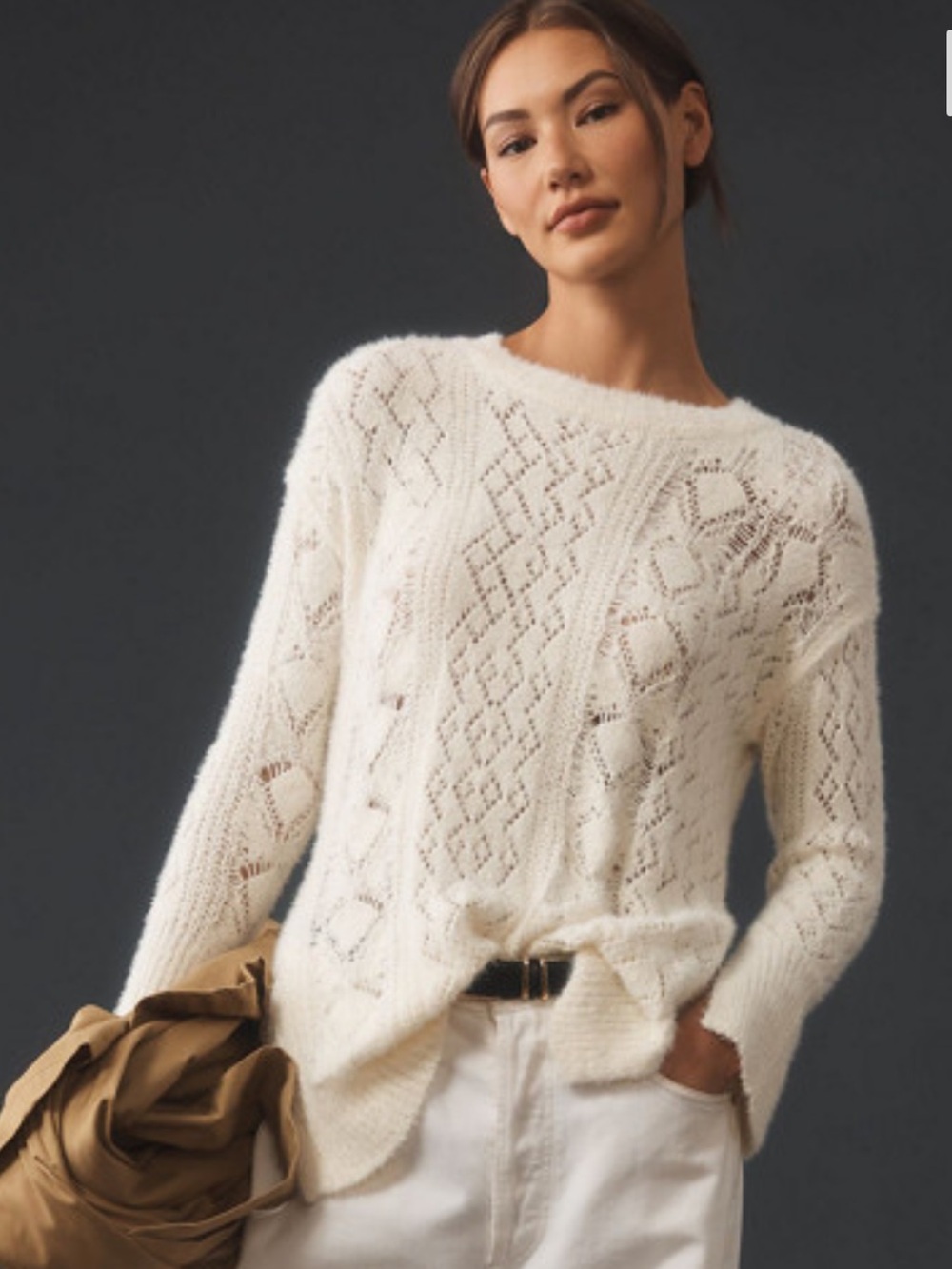 NWT Anthropologie Pilcro Ivory Distressed Stitch Longline Side Slit Sweater XS